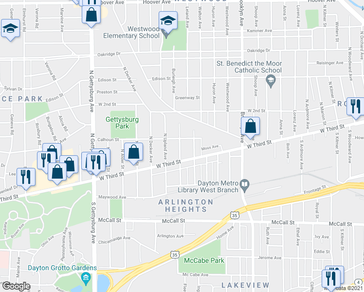 map of restaurants, bars, coffee shops, grocery stores, and more near 34 North Halloway Street in Dayton