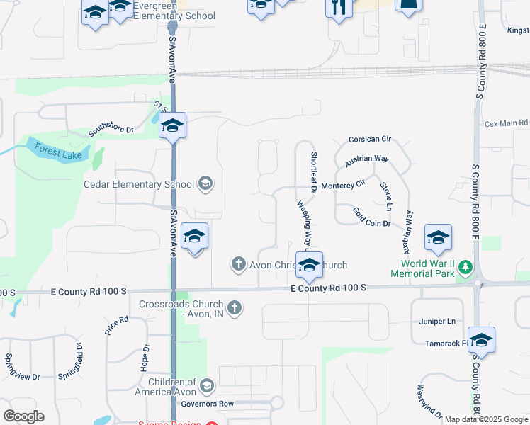 map of restaurants, bars, coffee shops, grocery stores, and more near 7262 Woodmill Court in Avon