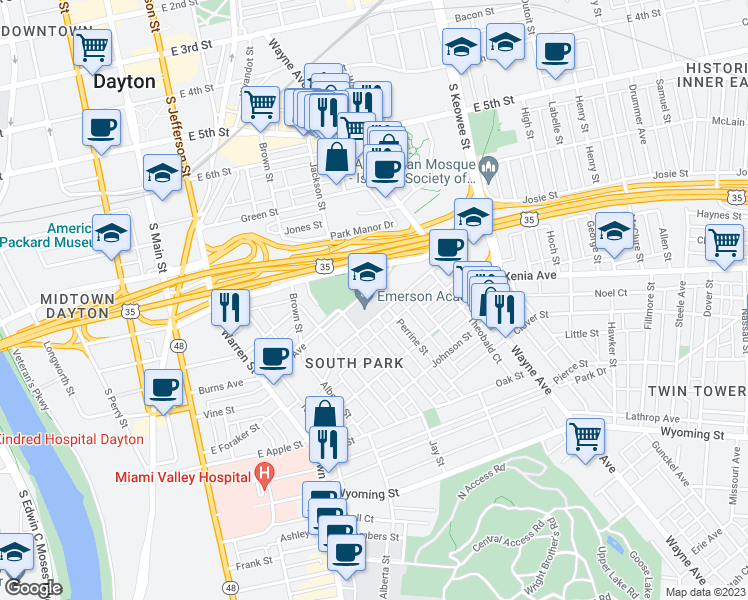 map of restaurants, bars, coffee shops, grocery stores, and more near 501 Hickory Street in Dayton