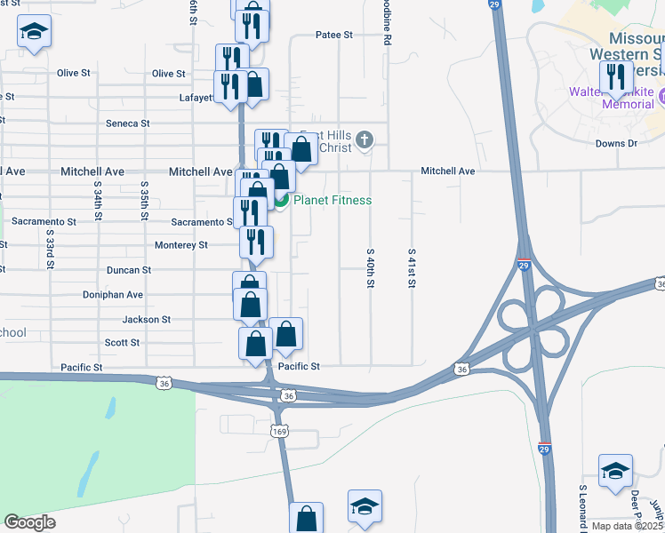 map of restaurants, bars, coffee shops, grocery stores, and more near 1614 South 39th Street in Saint Joseph