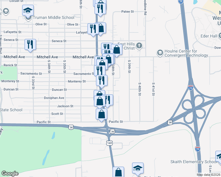 map of restaurants, bars, coffee shops, grocery stores, and more near 1614 South 38th Street in Saint Joseph