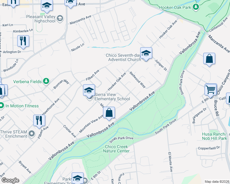 map of restaurants, bars, coffee shops, grocery stores, and more near 1692 Oak Vista Avenue in Chico