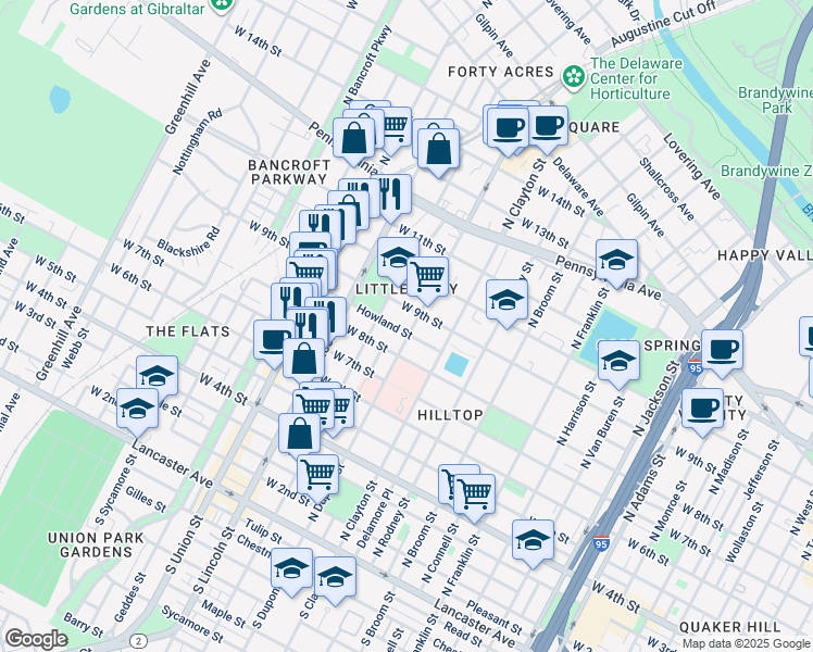 map of restaurants, bars, coffee shops, grocery stores, and more near 819 North Dupont Street in Wilmington