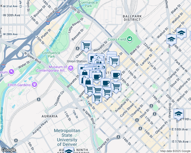 map of restaurants, bars, coffee shops, grocery stores, and more near 1601 Wazee Street in Denver