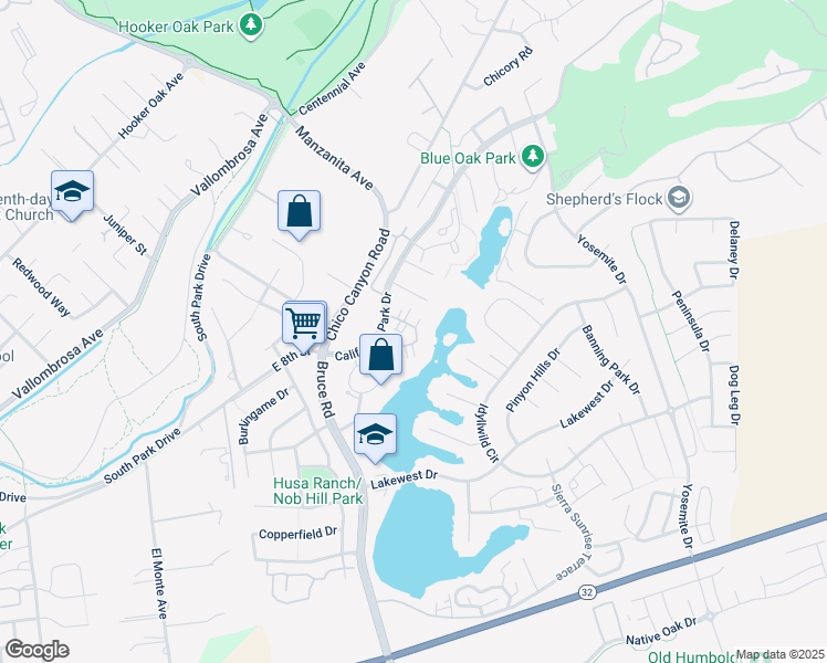 map of restaurants, bars, coffee shops, grocery stores, and more near 2581 California Park Drive in Chico
