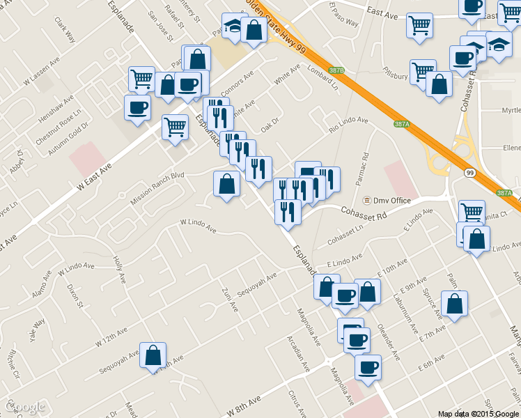 map of restaurants, bars, coffee shops, grocery stores, and more near 2267 Esplanade in Chico