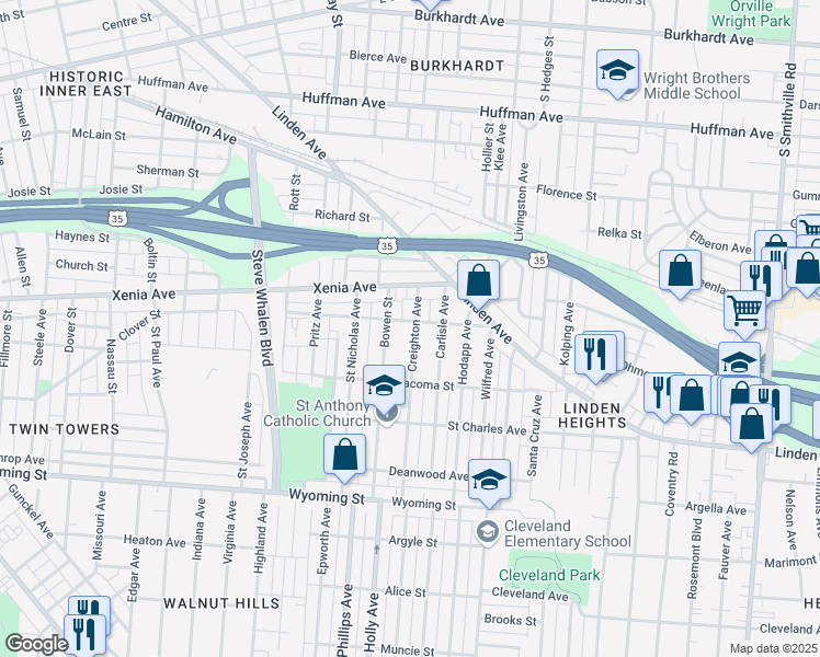 map of restaurants, bars, coffee shops, grocery stores, and more near 605 Creighton Avenue in Dayton