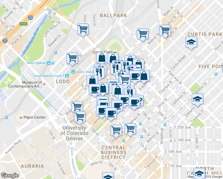 map of restaurants, bars, coffee shops, grocery stores, and more near 1800 Larimer Street in Denver