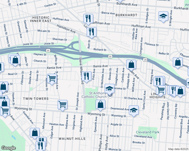 map of restaurants, bars, coffee shops, grocery stores, and more near 618 1/2 Pritz Avenue in Dayton