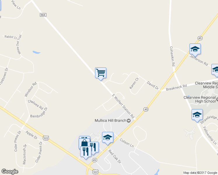map of restaurants, bars, coffee shops, grocery stores, and more near 360 Wolfert Station Road in Harrison Township
