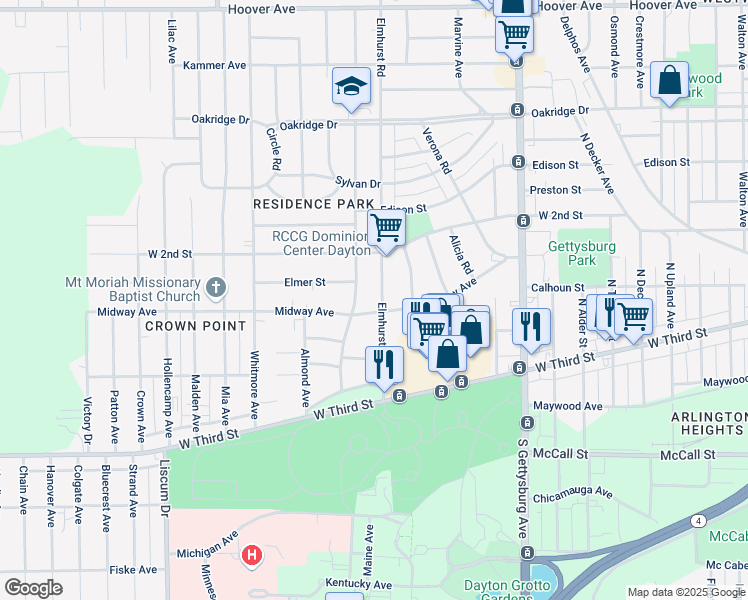 map of restaurants, bars, coffee shops, grocery stores, and more near 301 Elmhurst Road in Dayton