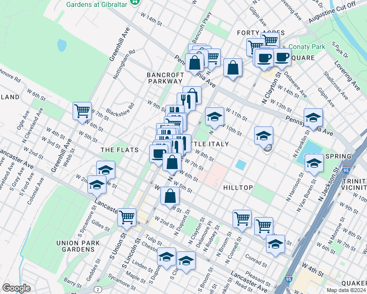map of restaurants, bars, coffee shops, grocery stores, and more near 1904 West 8th Street in Wilmington