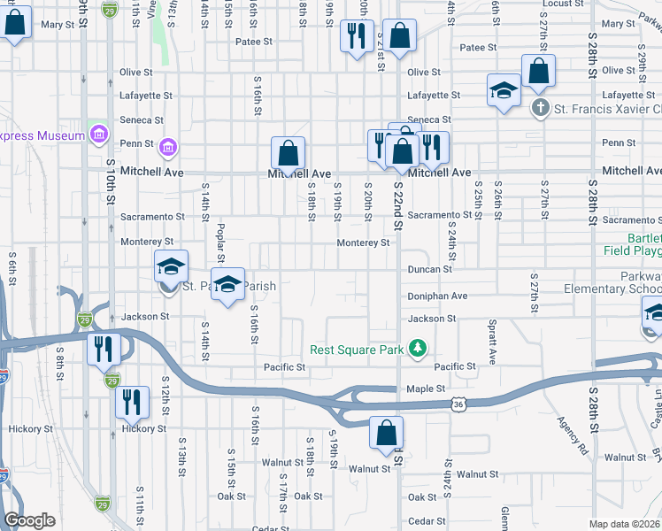 map of restaurants, bars, coffee shops, grocery stores, and more near 1815 Duncan Street in Saint Joseph