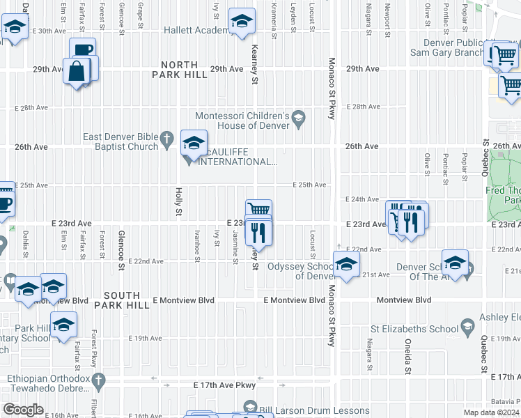 map of restaurants, bars, coffee shops, grocery stores, and more near 2330 Kearney Street in Denver