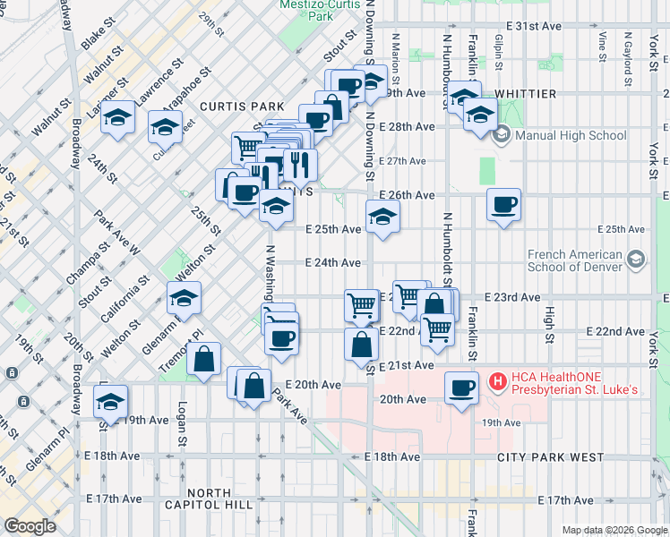 map of restaurants, bars, coffee shops, grocery stores, and more near 2342 North Ogden Street in Denver