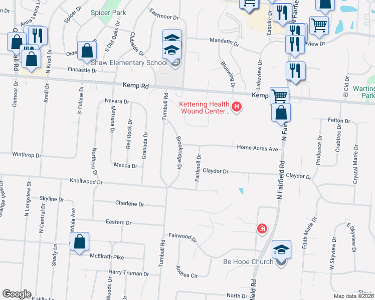 map of restaurants, bars, coffee shops, grocery stores, and more near 2090 Brookridge Drive in Beavercreek