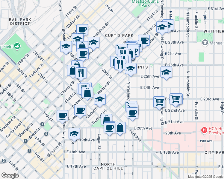 map of restaurants, bars, coffee shops, grocery stores, and more near 2417 Glenarm Place in Denver