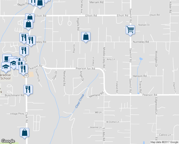 map of restaurants, bars, coffee shops, grocery stores, and more near 950 Pearson Road in Paradise
