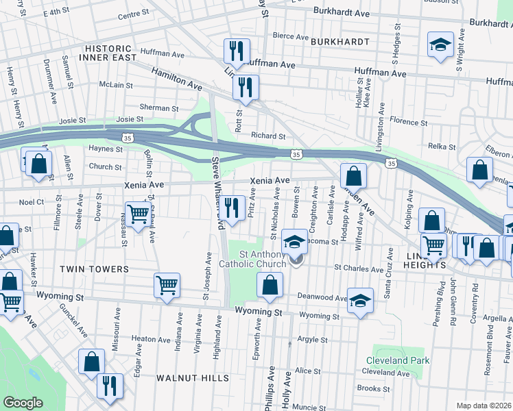 map of restaurants, bars, coffee shops, grocery stores, and more near 1627 Tacoma Street in Dayton