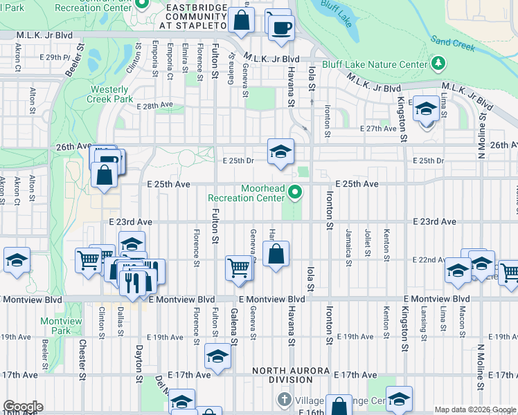 map of restaurants, bars, coffee shops, grocery stores, and more near 2316 Geneva Street in Aurora