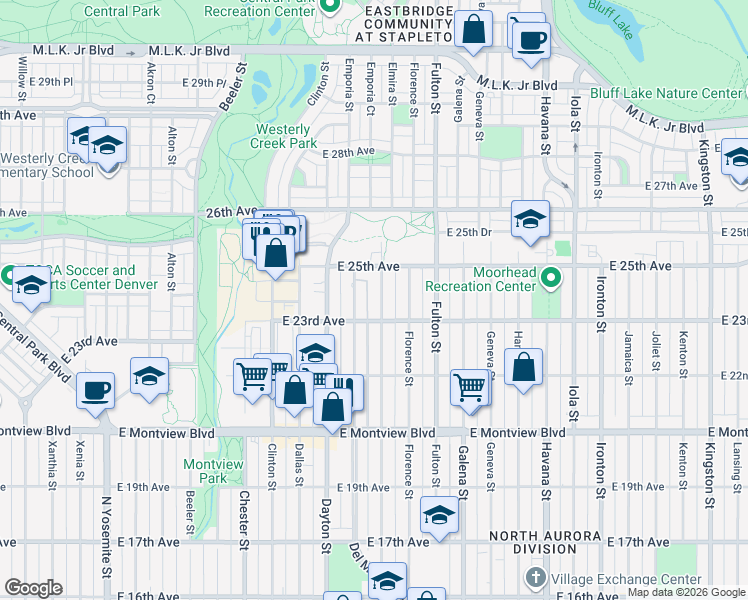 map of restaurants, bars, coffee shops, grocery stores, and more near 2316 Elmira Street in Aurora