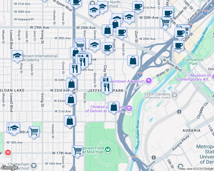 map of restaurants, bars, coffee shops, grocery stores, and more near in Denver