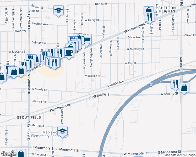 map of restaurants, bars, coffee shops, grocery stores, and more near 1119 Westbrook Avenue in Indianapolis