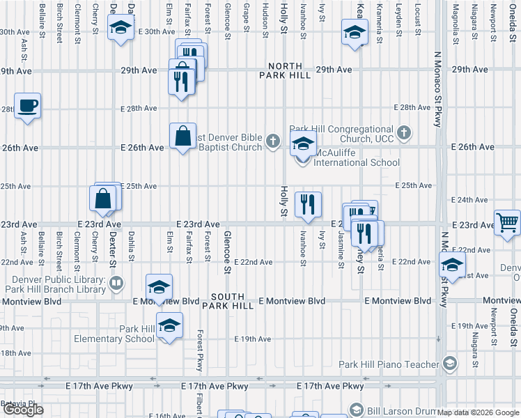 map of restaurants, bars, coffee shops, grocery stores, and more near 2321 Hudson Street in Denver