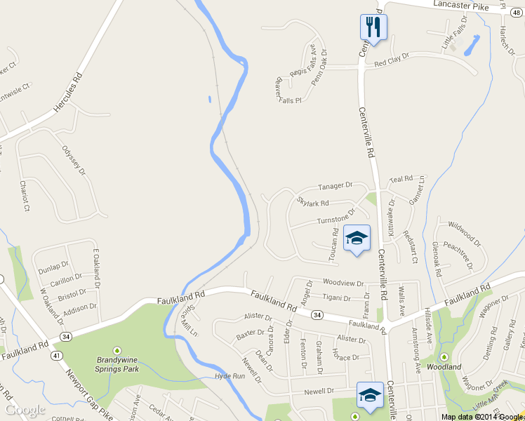map of restaurants, bars, coffee shops, grocery stores, and more near 2719 Skylark Road in Wilmington