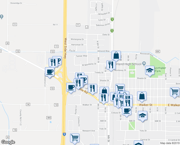 map of restaurants, bars, coffee shops, grocery stores, and more near 876 Trinity Street in Orland