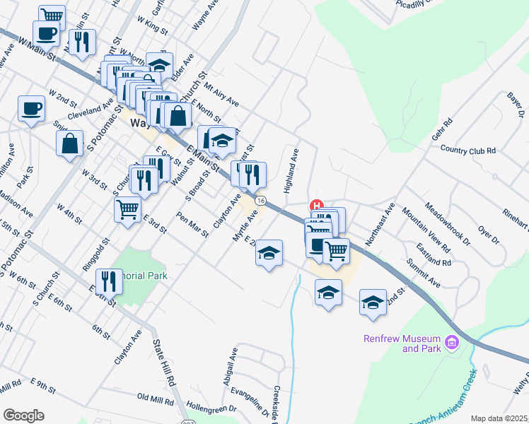 map of restaurants, bars, coffee shops, grocery stores, and more near 406 East Main Street in Waynesboro