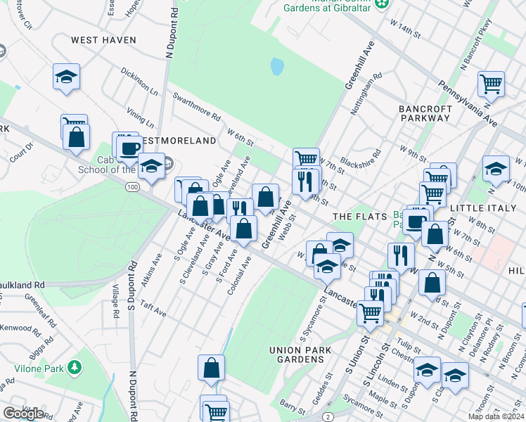 map of restaurants, bars, coffee shops, grocery stores, and more near 2716 West 3rd Street in Wilmington