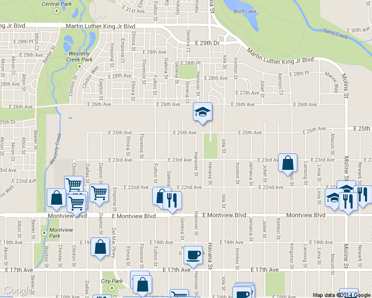 map of restaurants, bars, coffee shops, grocery stores, and more near 2316 Geneva Street in Aurora