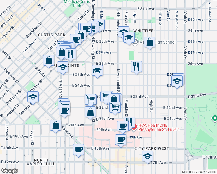 map of restaurants, bars, coffee shops, grocery stores, and more near 2333 Lafayette Street in Denver