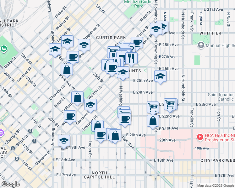 map of restaurants, bars, coffee shops, grocery stores, and more near 2455 Tremont Place in Denver