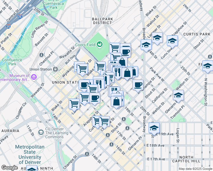 map of restaurants, bars, coffee shops, grocery stores, and more near 1255 19th Street in Denver