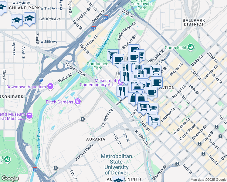 map of restaurants, bars, coffee shops, grocery stores, and more near 1422 Delgany Street in Denver