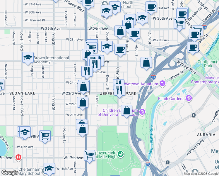 map of restaurants, bars, coffee shops, grocery stores, and more near 2811 West 23rd Avenue in Denver