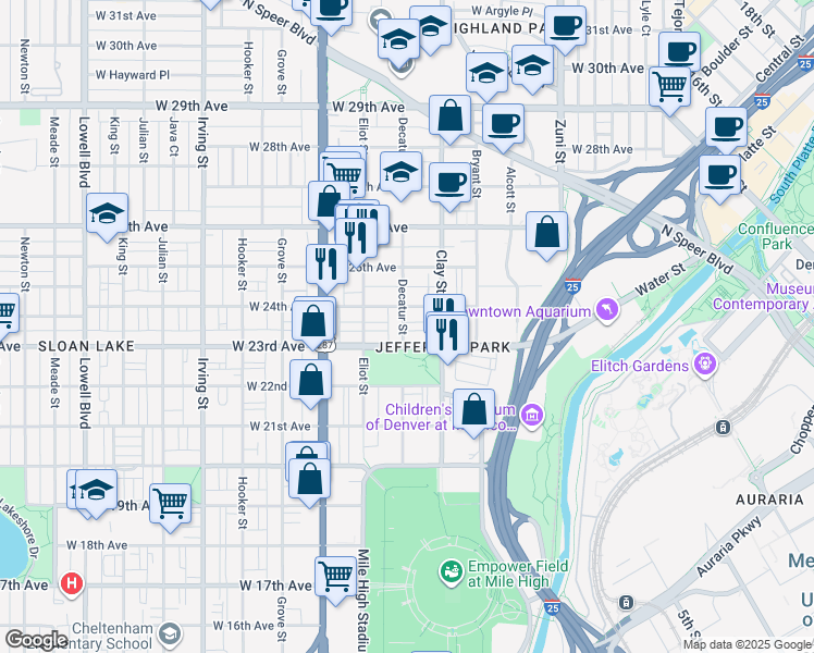 map of restaurants, bars, coffee shops, grocery stores, and more near 2811 West 23rd Avenue in Denver