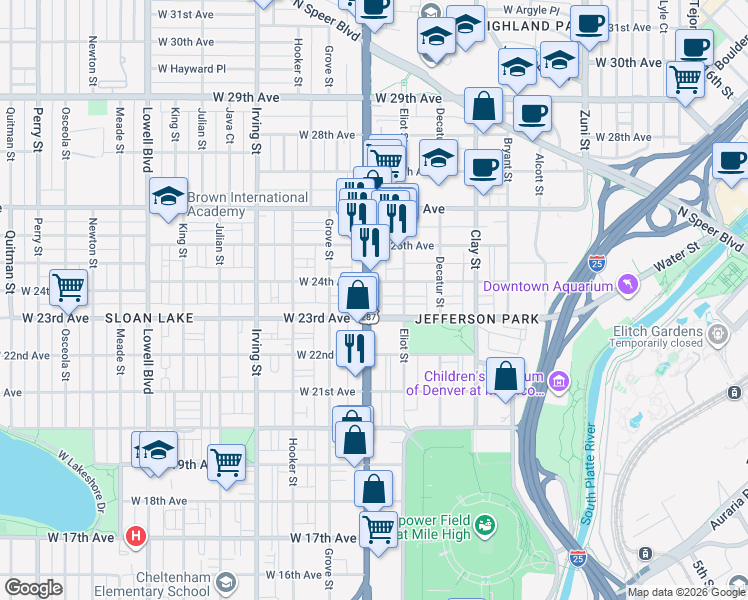 map of restaurants, bars, coffee shops, grocery stores, and more near 2311 Federal Boulevard in Denver