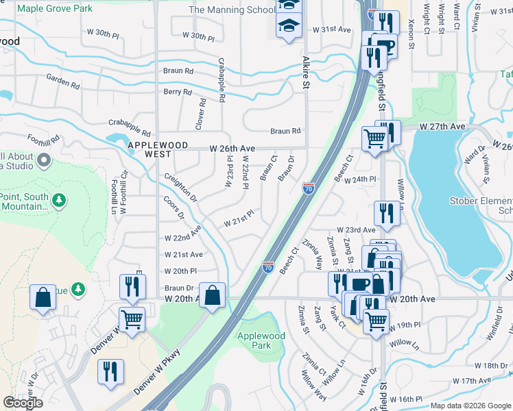 map of restaurants, bars, coffee shops, grocery stores, and more near 2192 Braun Court in Golden