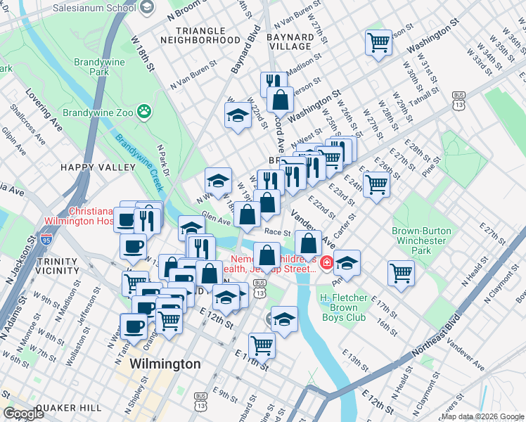 map of restaurants, bars, coffee shops, grocery stores, and more near 1805 North Market Street in Wilmington