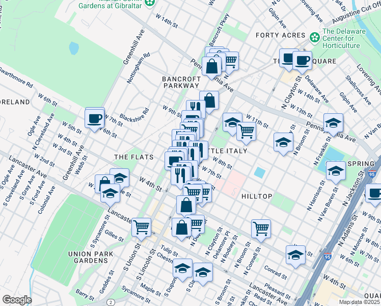 map of restaurants, bars, coffee shops, grocery stores, and more near 701 Delaware 2 in Wilmington
