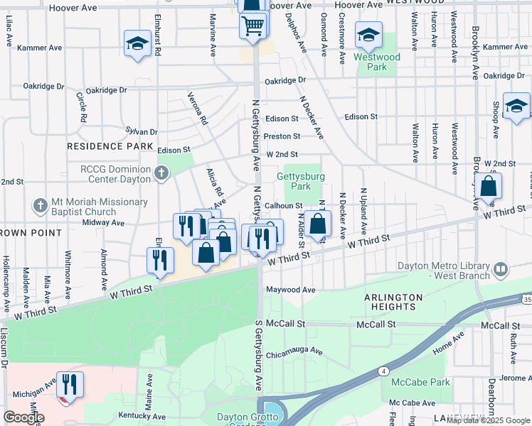 map of restaurants, bars, coffee shops, grocery stores, and more near 65 North Hatfield Street in Dayton