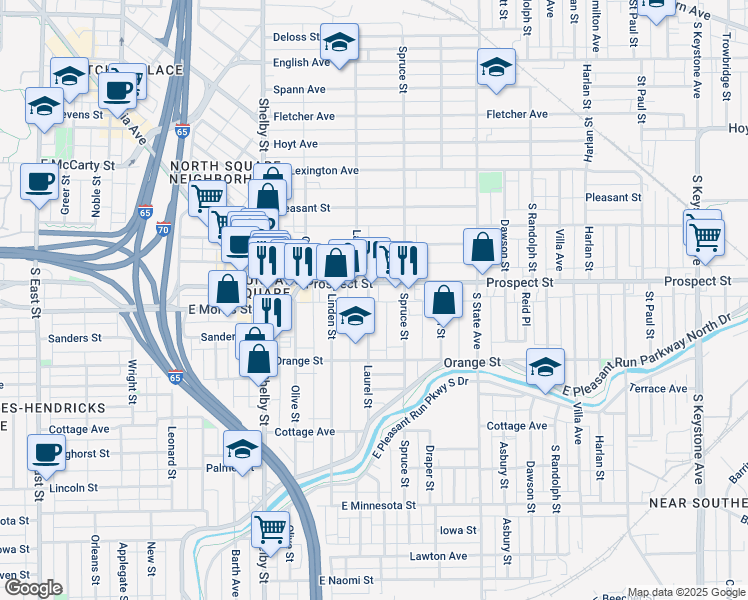 map of restaurants, bars, coffee shops, grocery stores, and more near 1136 Spruce Street in Indianapolis