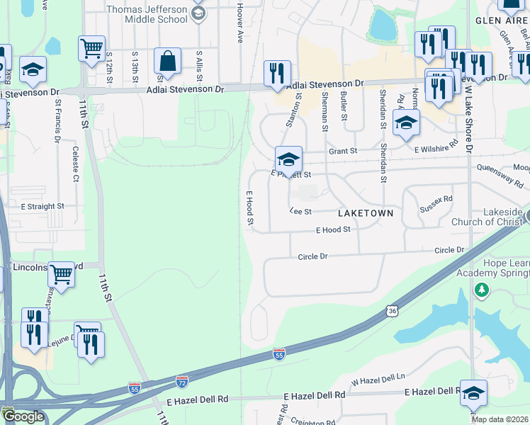 map of restaurants, bars, coffee shops, grocery stores, and more near 3612 East Hooker Street in Springfield