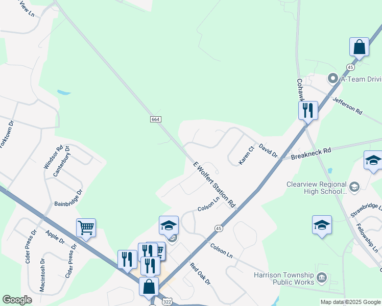 map of restaurants, bars, coffee shops, grocery stores, and more near 360 Wolfert Station Road in Harrison Township