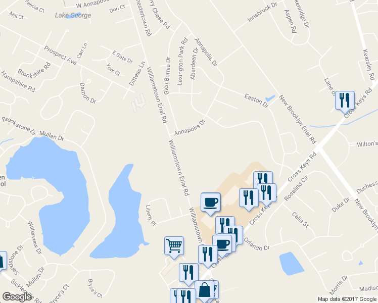 map of restaurants, bars, coffee shops, grocery stores, and more near 1092 Williamstown Erial Road in Sicklerville