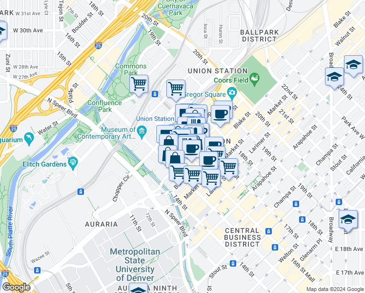 map of restaurants, bars, coffee shops, grocery stores, and more near 1601 Wazee Street in Denver
