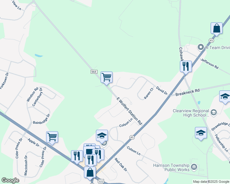 map of restaurants, bars, coffee shops, grocery stores, and more near 360 Wolfert Station Road in Mullica Hill